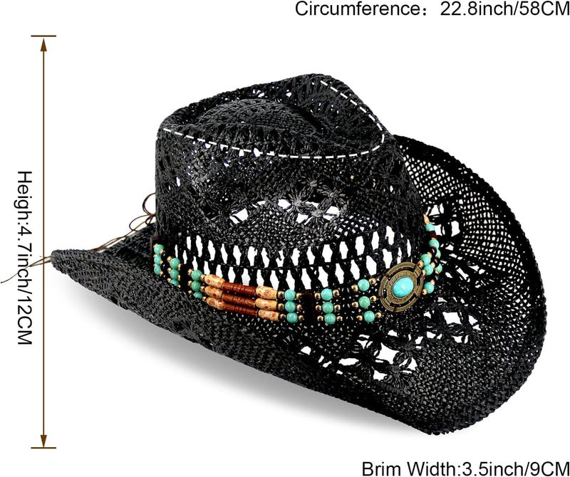 Foeran Men's Women's Straw Cowboy Hat Cowgirl Woven Sun Hat Western Cowboy Hat Two Decorative Bands - Image 5